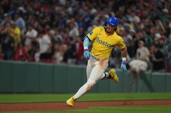 Jul 26, 2025; Boston, Massachusetts, USA; Boston Red Sox left fielder Jarren Duran (16) runs the bases en route to his second triple of the day during the sixth inning against the Los Angeles Dodgers at Fenway Park. Mandatory Credit: Bob DeChiara-Imagn Images