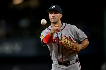 Jul 25, 2025; Arlington, Texas, USA; Atlanta Braves first baseman Matt Olson (28) in action during the game between the Texas Rangers and the Atlanta Braves at Globe Life Field. Mandatory Credit: Jerome Miron-Imagn Images
