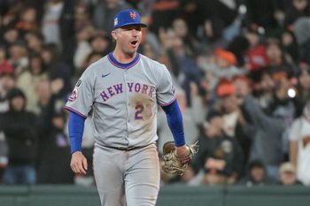 Jul 26, 2025; San Francisco, California, USA;  New York Mets first baseman Pete Alonso (20) reacts after making the final out against the San Francisco Giants at Oracle Park. Mandatory Credit: Ed Szczepanski-Imagn Images