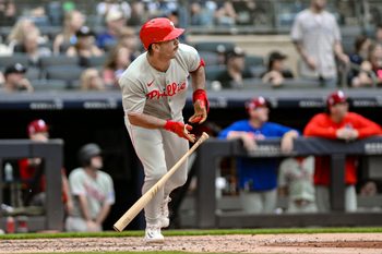 Jul 27, 2025; Bronx, New York, USA; Philadelphia Phillies first baseman Otto Kemp (4) hits his second home run of the game during the fifth inning against the New York Yankees at Yankee Stadium. Mandatory Credit: John Jones-Imagn Images