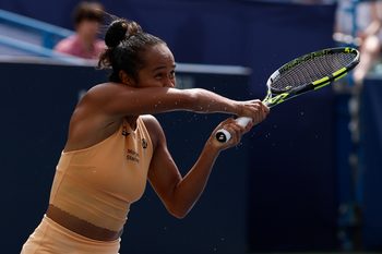 Jul 27, 2025; Washington, D.C., USA; Leylah Fernandez (CAN) hits a backhand against Anna Kalinskaya (not pictured) in the women's singles final of the Mubadala Citi DC Open at Rock Creek Park Tennis Center. Mandatory Credit: Geoff Burke-Imagn Images