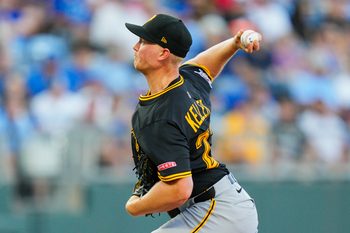 Jul 8, 2025; Kansas City, Missouri, USA; Pittsburgh Pirates starting pitcher Mitch Keller (23) pitches during the second inning against the Kansas City Royals at Kauffman Stadium. Mandatory Credit: Jay Biggerstaff-Imagn Images