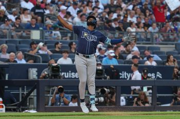 Jul 28, 2025; Bronx, New York, USA;  Tampa Bay Rays third baseman Junior Caminero (13) reacts while running the bases after his two run home run during the first inning against the New York Yankees at Yankee Stadium. Mandatory Credit: Vincent Carchietta-Imagn Images