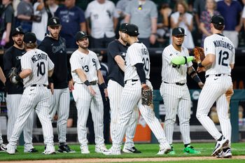 Jul 28, 2025; Chicago, Illinois, USA; Chicago White Sox players celebrate team's win against the Philadelphia Phillies at Rate Field. Mandatory Credit: Kamil Krzaczynski-Imagn Images
