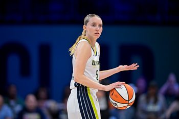 Jul 28, 2025; Arlington, Texas, USA; Dallas Wings guard Paige Bueckers (5) during the game between the Dallas Wings and the New York Liberty at College Park Center. Mandatory Credit: Jerome Miron-Imagn Images