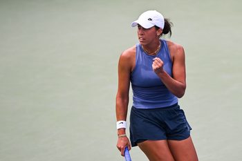 Jul 30, 2025; Montreal, QC, Canada; Madison Keys (USA) reacts after socring a point against Laura Siegemund (GER) in second round play at IGA Stadium. Mandatory Credit: David Kirouac-Imagn Images