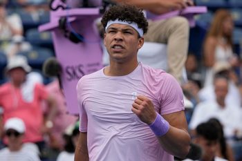 Jul 30, 2025; Toronto, ON, Canada; Ben Shelton (USA) reacts after winning his match against Adrian Mannarino during the second round at Sobeys Stadium. Mandatory Credit: John E. Sokolowski-Imagn Images