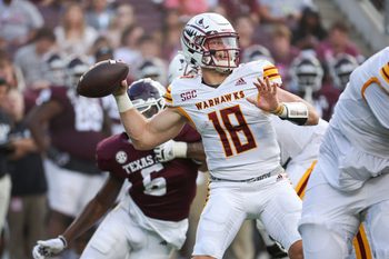 Sep 16, 2023; College Station, Texas, USA; Louisiana Monroe Warhawks quarterback Jiya Wright (18) attempts a pass during the third quarter against the Texas A&M Aggies at Kyle Field. Mandatory Credit: Troy Taormina-Imagn Images