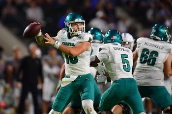 Dec 23, 2023; Honolulu, HI, USA; Coastal Carolina Chanticleers quarterback Ethan Vasko (16) drops back to throw a pass against the San Jose State Spartans during the first quarter of the Easypost Hawaii Bowl at Clarence T.C. Ching Athletics Complex. Mandatory Credit: Steven Erler-Imagn Images
