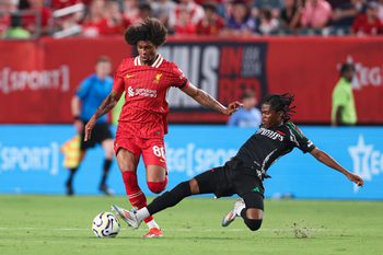 Jul 31, 2024; Philadelphia, PA, USA; Arsenal midfielder Josh Nichols (51) tackles the ball from Liverpool forward Harvey Blair (86) during the second half at Lincoln Financial Field. Mandatory Credit: Bill Streicher-Imagn Images