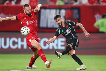 Jul 31, 2024; Philadelphia, PA, USA; Arsenal midfielder Fabio Vieira (21) kicks the ball against Liverpool Nathaniel Phillips (47) during the second half at Lincoln Financial Field. Mandatory Credit: Bill Streicher-Imagn Images
