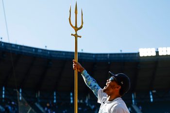 Aug 28, 2024; Seattle, Washington, USA; Seattle Mariners center fielder Julio Rodriguez (44) celebrates following a victory against the Tampa Bay Rays at T-Mobile Park. Mandatory Credit: Joe Nicholson-Imagn Images