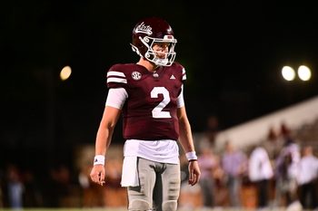 Sep 14, 2024; Starkville, Mississippi, USA; Mississippi State Bulldogs quarterback Blake Shapen (2) reacts after a play against the Toledo Rockets during the fourth quarter at Davis Wade Stadium at Scott Field. Mandatory Credit: Matt Bush-Imagn Images
