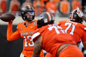Oklahoma State's Garret Rangel (13) looks to throw the ball in the second half of the college football between the Oklahoma State University Cowboys and the Utah Utes at Boone Pickens Stadium in Stillwater, Okla., Saturday, Sept., 21, 2024.