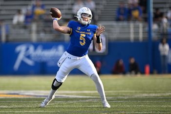 Nov 29, 2024; San Jose, California, USA; San Jose State Spartans quarterback Walker Eget (5) throws against the Stanford Cardinal in the second quarter at CEFCU Stadium. Mandatory Credit: Eakin Howard-Imagn Images