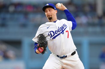Apr 2, 2025; Los Angeles, California, USA; Los Angeles Dodgers pitcher Blake Snell (7) throws during the third inning against the Atlanta Braves at Dodger Stadium. Mandatory Credit: Gary A. Vasquez-Imagn Images