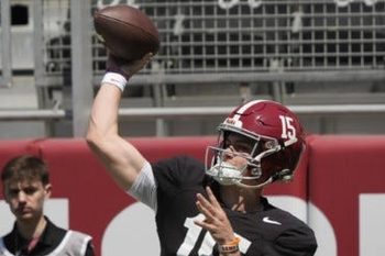 Ty Simpson warms up before Alabama football A-Day 2025.