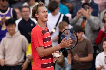 May 26, 2025; Paris, FR; Sebastian Korda of the United States celebrates winning his match against Luciano Darderi of Italy on day two at Roland Garros Stadium. Mandatory Credit: Susan Mullane-Imagn Images