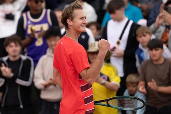 May 26, 2025; Paris, FR; Sebastian Korda of the United States celebrates winning his match against Luciano Darderi of Italy on day two at Roland Garros Stadium. Mandatory Credit: Susan Mullane-Imagn Images