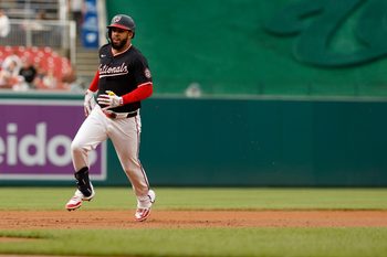 Jun 17, 2025; Washington, District of Columbia, USA; Washington Nationals second baseman Luis García Jr. (2) advances to third base on a fielding error by Colorado Rockies outfielder Brenton Doyle (not pictured) during the first inning at Nationals Park. Mandatory Credit: Geoff Burke-Imagn Images