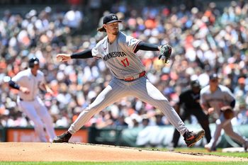 Jun 28, 2025; Detroit, Michigan, USA;  Minnesota Twins starting pitcher Bailey Ober (17) throws a pitch against the Detroit Tigers in the first inning at Comerica Park. Mandatory Credit: Lon Horwedel-Imagn Images
