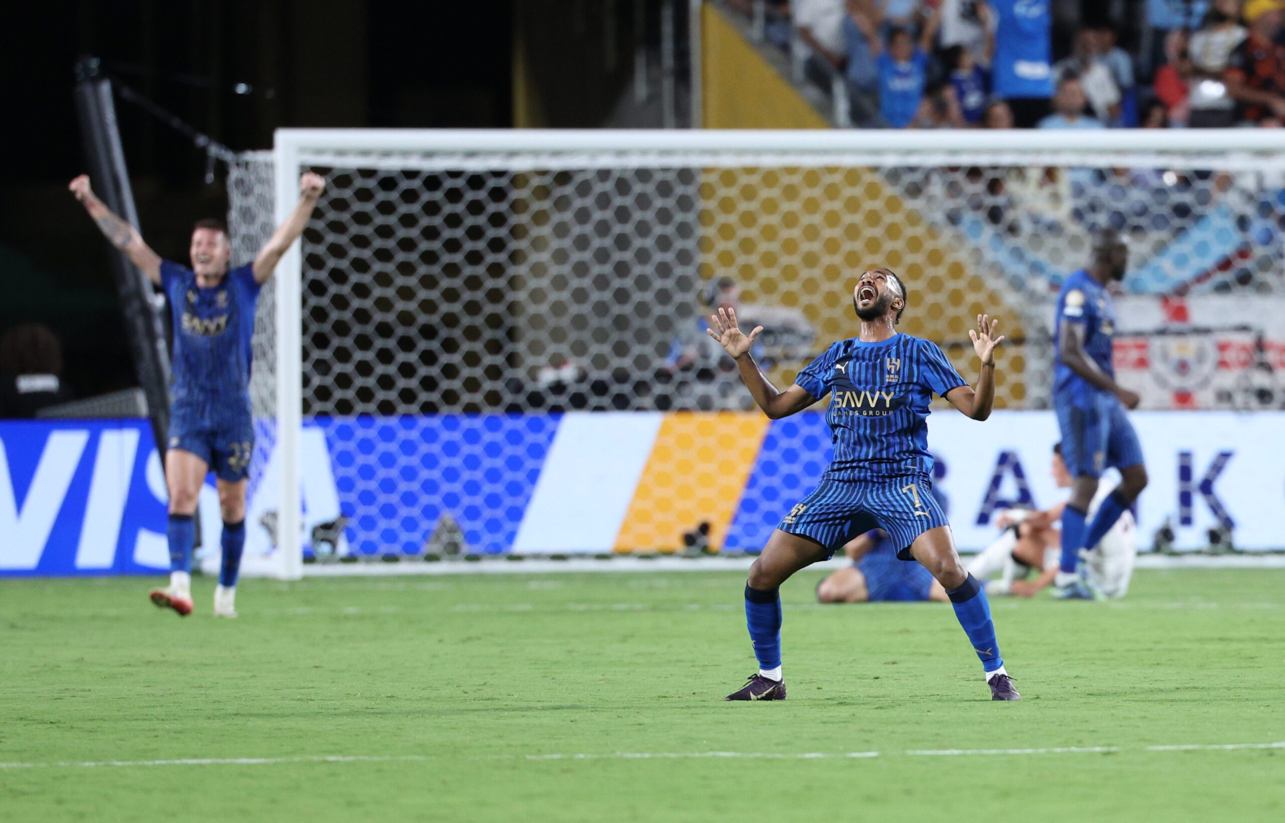 Jun 30, 2025; Orlando, Florida, USA; Al Hilal FC midfielder Khalid Al-Ghannam (7) reacts after defeating Manchester City during a round of 16 match of the 2025 FIFA Club World Cup at Camping World Stadium. Mandatory Credit: Nathan Ray Seebeck-Imagn Images