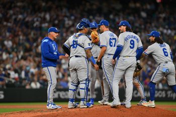 Jul 3, 2025; Seattle, Washington, USA; Kansas City Royals starting pitcher Seth Lugo (67) is pulled from the game during the eighth inning against the Seattle Mariners at T-Mobile Park. Mandatory Credit: Steven Bisig-Imagn Images