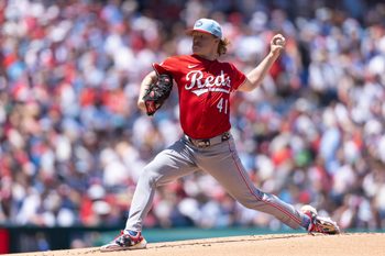 Jul 4, 2025; Philadelphia, Pennsylvania, USA; Cincinnati Reds pitcher Andrew Abbott (41) throws a pitch during the first inning against the Philadelphia Phillies at Citizens Bank Park. Mandatory Credit: Bill Streicher-Imagn Images