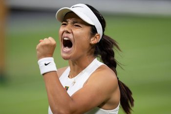 Jul 4, 2025; Wimbledon, United Kingdom; Emma Raducanu of Great Britain reacts to a point during her match against Aryna Sabalenka on day five at the All England Lawn Tennis and Croquet Club. Mandatory Credit: Susan Mullane-Imagn Images