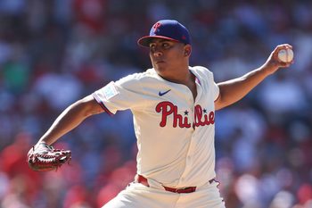 Jul 5, 2025; Philadelphia, Pennsylvania, USA; Philadelphia Phillies pitcher Ranger Suarez (55) throws a pitch during the first inning against the Cincinnati Reds at Citizens Bank Park. Mandatory Credit: Bill Streicher-Imagn Images