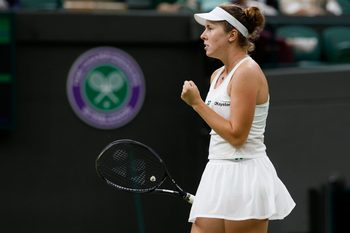 Jul 6, 2025; Wimbledon, United Kingdom; Linda Noskova (CZE) reacts after winning the second set against Amanda Anisimova (USA)(not pictured) on day seven of The Championships Wimbledon 2025 at All England Lawn Tennis and Croquet Club. Mandatory Credit: Geoff Burke-Imagn Images