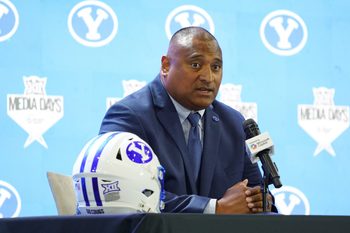Jul 8, 2025; Frisco, TX, USA; BYU head coach Kalani Sitake addresses the media during 2025 Big 12 Football Media Days at The Star. Mandatory Credit: Raymond Carlin III-Imagn Images