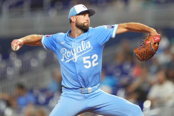 Jul 19, 2025; Miami, Florida, USA;  Kansas City Royals pitcher Michael Wacha (52) pitches against the Miami Marlins in the first inning at loanDepot Park. Mandatory Credit: Jim Rassol-Imagn Images