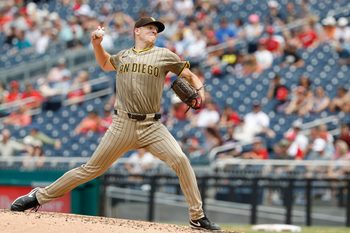 Jul 20, 2025; Washington, District of Columbia, USA; San Diego Padres starting pitcher Nick Pivetta (27) pitches against the Washington Nationals during the second inning at Nationals Park. Mandatory Credit: Geoff Burke-Imagn Images