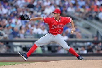 Jul 21, 2025; New York City, New York, USA; Los Angeles Angels starting pitcher Tyler Anderson (31) pitches against the New York Mets during the first inning at Citi Field. Mandatory Credit: Brad Penner-Imagn Images