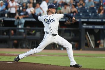 Jul 21, 2025; St. Petersburg, Florida, USA; Tampa Bay Rays starting pitcher Shane Baz (11) throws a pitch against the Chicago White Sox during the first inning at George M. Steinbrenner Field. Mandatory Credit: Kim Klement Neitzel-Imagn Images