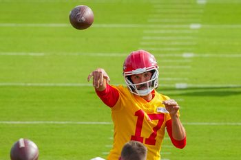 Jul 22, 2025; St. Joseph, MO, USA; Kansas City Chiefs quarterback Gardner Minshew (17) throws a pass during training camp at Missouri Western State University. Mandatory Credit: Denny Medley-Imagn Images