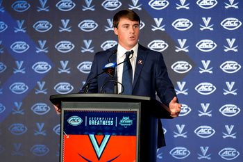 Jul 22, 2025; Charlotte, NC, USA; Virgnia quarterback Chandler Morris answers questions from the media during ACC Media Days at Hilton Charlotte Uptown. Mandatory Credit: Jim Dedmon-Imagn Images