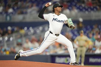 Jul 22, 2025; Miami, Florida, USA;  Miami Marlins pitcher Edward Cabrera (27) pitches in the first inning against the San Diego Padres at loanDepot Park. Mandatory Credit: Jim Rassol-Imagn Images