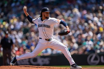 Jul 23, 2025; Seattle, Washington, USA;  Seattle Mariners starter Luis Castillo (58) delivers a pitch during the third inning Milwaukee Brewers at T-Mobile Park. Mandatory Credit: Stephen Brashear-Imagn Images