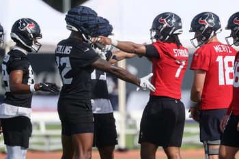 Jul 24, 2025; Houston, TX, USA; Houston Texans wide receiver Nico Collins (12) and quarterback C.J. Stroud (7) during training camp at Houston Methodist Training Center. Mandatory Credit: Troy Taormina-Imagn Images