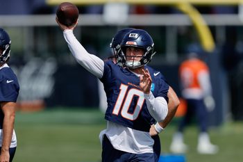 Jul 24, 2025; Englewood, CO, USA; Denver Broncos quarterback Bo Nix (10) during Denver Broncos Training Camp. Mandatory Credit: Isaiah J. Downing-Imagn Images