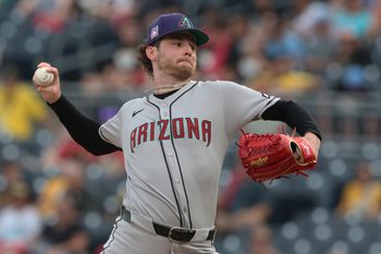 Jul 25, 2025; Pittsburgh, Pennsylvania, USA;  Arizona Diamondbacks starting pitcher Ryne Nelson (19) delivers a pitch against the Pittsburgh Pirates during the first inning at PNC Park. Mandatory Credit: Charles LeClaire-Imagn Images