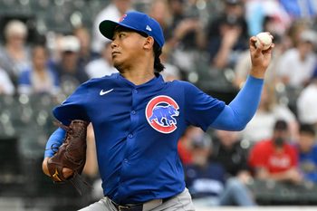 Jul 25, 2025; Chicago, Illinois, USA;  Chicago Cubs pitcher Shota Imanaga (18) delivers during the first inning against the Chicago White Sox at Rate Field. Mandatory Credit: Matt Marton-Imagn Images
