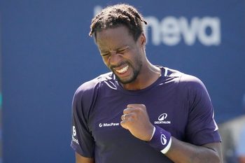 Jul 27, 2025; Toronto, ON, Canada; Gael Monfils (FRA) reacts after winning a point against Tomas Barrios Vera (not pictured) in first round play at Sobeys Stadium. Mandatory Credit: John E. Sokolowski-Imagn Images