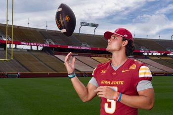 Iowa State quarterback Rocco Becht stands for a portrait during Iowa State football media day at Jack Trice Stadium on July 25, 2025, in Ames.