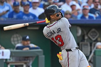 Jul 28, 2025; Kansas City, Missouri, USA;  Atlanta Braves right fielder Ronald Acuna Jr. (13) hits a two-run home run in the third inning against the Kansas City Royals at Kauffman Stadium. Mandatory Credit: Peter Aiken-Imagn Images