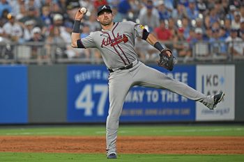 Jul 28, 2025; Kansas City, Missouri, USA;  Atlanta Braves third baseman Austin Riley (27) throws the ball to first base in the sixth inning against the Kansas City Royals at Kauffman Stadium. Mandatory Credit: Peter Aiken-Imagn Images