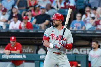 Jul 28, 2025; Chicago, Illinois, USA; Philadelphia Phillies designated hitter Kyle Schwarber (12) bats against the Chicago White Sox during the first inning at Rate Field. Mandatory Credit: Kamil Krzaczynski-Imagn Images