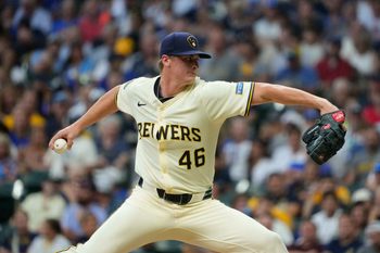 Jul 29, 2025; Milwaukee, Wisconsin, USA; Milwaukee Brewers pitcher Quinn Priester (46) delivers a pitch against the Chicago Cubs in the fourth inning at American Family Field. Mandatory Credit: Michael McLoone-Imagn Images